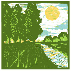 Vector nature linocut with forest and river. Green nature vector square illustration. Lino print landscape with trees.