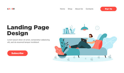 Woman using computer to surf internet. Girl with laptop sitting on sofa and working at home. Vector illustration for relaxing, free time or freelance concept