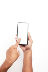 Hand holding a smartphone on a white background.