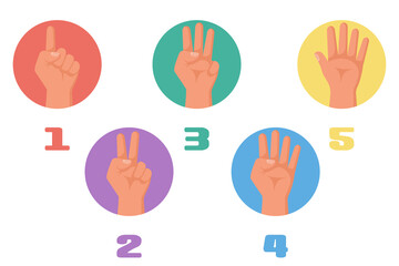 One, two, three, four, five fingers. 1 2 3 4 5 flat icon. Hand gestures and numbers with your fingers. Vector illustration. Isolated on white background. Show numbers fingers.