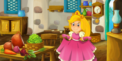 cartoon house interior kitchen on farm with princess