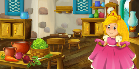 cartoon house interior kitchen on farm with princess