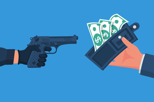 Wallet or life. Criminal threatening gun extorts money from the victim. Robbery concept. Bandit with a gun. Wallet with banknotes in hand. Vector illustration flat design. Theft of cash.