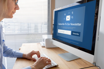 Subscribe to newsletter form to join subscriber list and get special offers. Email marketing sign-up page for e-mail membership. Enroll customer with the brand. Digital communication and advertising