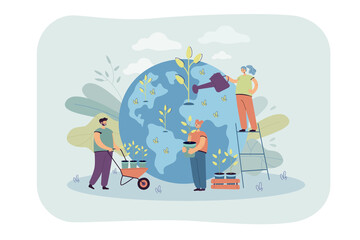 Tiny persons planting and watering trees together. Planet with green plants flat vector illustration. Agriculture, reforestation, ecology, teamwork concept for banner, website design or landing page