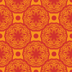 Red-orange seamless pattern with luxury, vintage, decorative ornaments. Good for clothing, textiles, backgrounds and prints. Vector illustration.