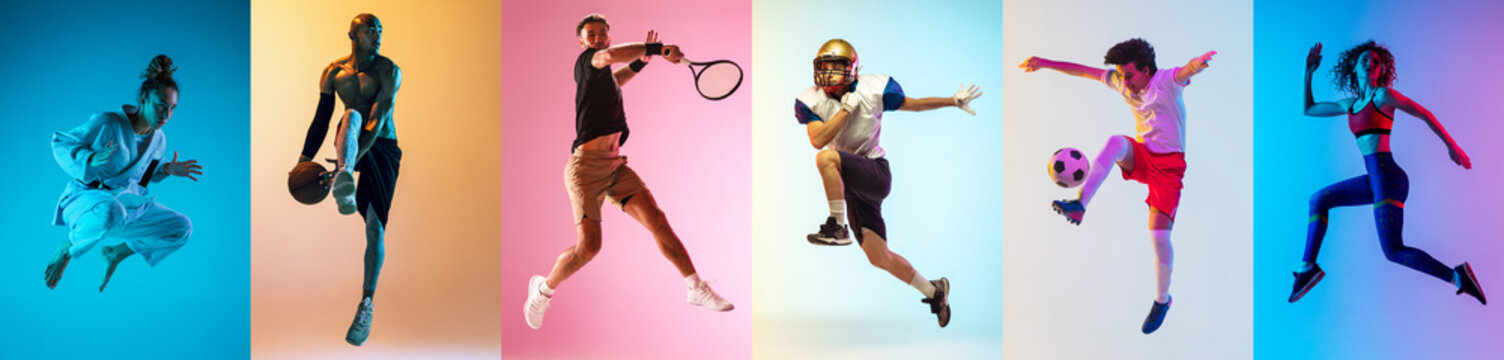 Collage Of Different Professional Sportsmen, Fit People In Action And Motion Isolated On Color Background. Flyer.