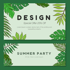 Vector set of illustration template for a postcard, business card, or advertising banner. Space for the text. Stock illustration. A collection of banners with tropical plants for a party or event.