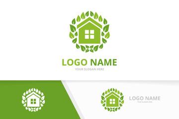 Eco real estate and leaves logo. Natural house logotype design template.