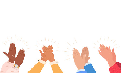 	
Diverse people applauding vector illustration. Colorful men and women clapping hands isolated on white background. Multinational audience demonstrate greeting, ovation or cheering gesture, support.