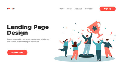 Team of tiny office people employees winning gold cup flat vector illustration. Cartoon happy characters with award or trophy. Business achievement and teamwork concept