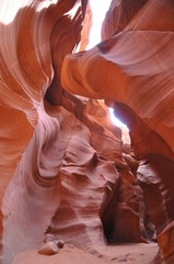 Beautiful sandstone formations in  Antelope Canyon on a sunny day  near the old town of Page at Lake Powell, American Southwest, Arizona, USA