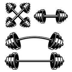 Set of illustrations of gym barbells. Design element for logo, label, sign, emblem, poster. Vector illustration