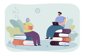 Tiny people reading books. Woman reading paper books. Man sitting with laptop. Self-education, school, knowledge concept for banner, website design or landing web page