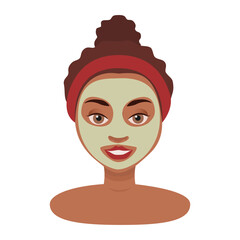Black skin woman face. Home spa. Skin care illustration. Woman applies facial mask. Young girl doing beauty treatment. Pretty girl face with skincare treatments. 