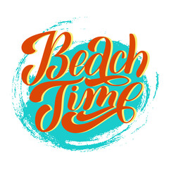 Beach time calligraphy, hand drawn orange lettering on blue spot for summer party, print and poster