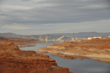 Fototapeta na wymiar Lake Powell is a man-made reservoir on the Colorado River in Utah and Arizona, View from the Glen canyon dam, United States 