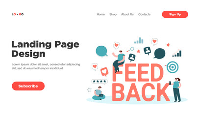 Cartoon tiny people getting or giving feedback online. Flat vector illustration. Customer voting, reviewing, assessment, CRM system. Management, business success concept