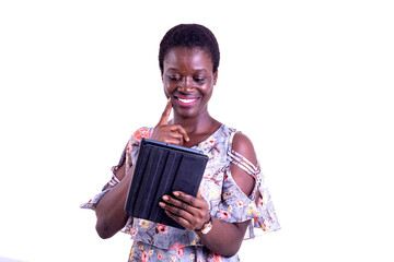 portrait of a beautiful businesswoman with tablet, smiling.