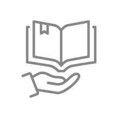 Open book on hand line icon. Encyclopedia, brainstorm, bookstore symbol