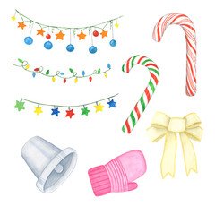 Set Watercolor illustration Mery Christmas . Hand draw New Year clipart. Christmas decorate. Garland, bell, ribbon, candy