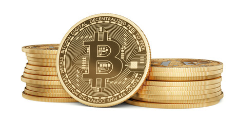 Golden coin stacks. Render 3D. Bitcoin. Cryptocurrency. Digital currency. Isolated on white background