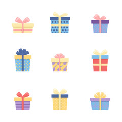 Set of colored gift boxes with ribbon. Hand drawn doodle collection isolated on white. Beautiful festive packaging for Birthday, Christmas.