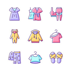 Comfortable sleepwear RGB color icons set. Nightgown and dress for lounging. Sportswear for women. Cross band slippers. Isolated vector illustrations. Homewear simple filled line drawings collection