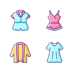 Fototapeta premium Homewear RGB color icons set. Silk top and shorts. Lace pyjamas. Long cardigan. Sporty dress. Isolated vector illustrations. Comfortable sleepwear simple filled line drawings collection