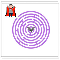 game for kids go through the round maze, Dracula and the bat, Halloween. vector isolated on white background