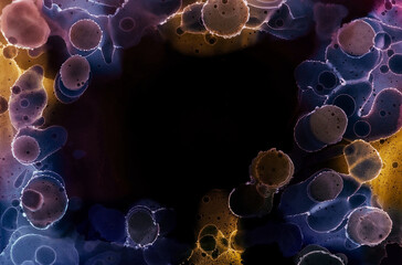 Obraz premium Magic Grunge Classic Splats Modern Art. Dark Dyed Fluid Fabrics Isolated Composition. Glowing Acrylic Wet Drops Acrylic Paint.