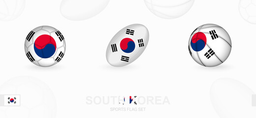 Sports icons for football, rugby and basketball with the flag of South Korea.