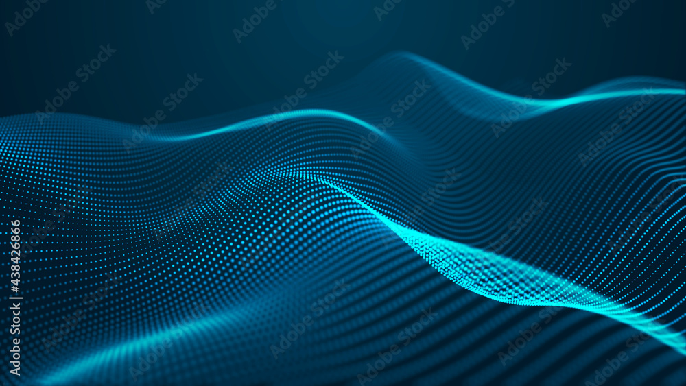 Poster Abstract digital background. Futuristic wave of dots and weave lines. Digital technology. 3d rendering.
