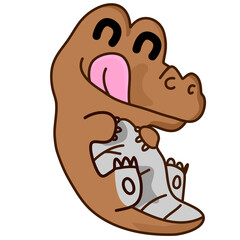 Brown cute crocodile rolling with pink tongue on white background.