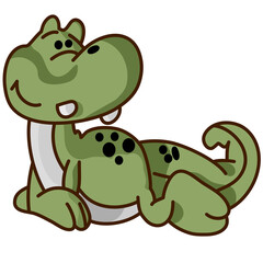 Green cute dinosaur lying on the ground with white background.