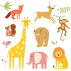 Cute vector animals walk in the forest between plants.