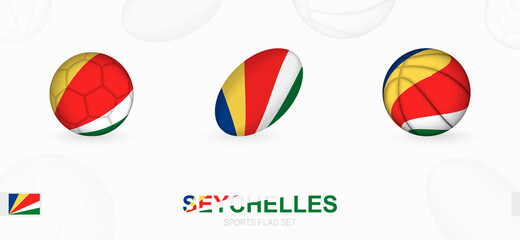 Sports icons for football, rugby and basketball with the flag of Seychelles.