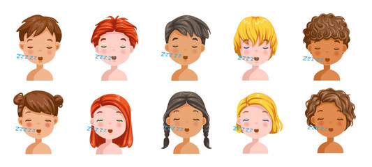 Boys and girls set emotions, feelings be Sleepy, face of the child. Different nationalities are different. Variety of children. Female and male heads. 