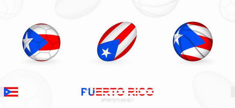 Sports icons for football, rugby and basketball with the flag of Puerto Rico.