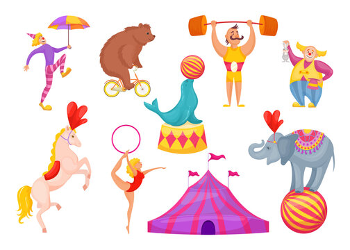 Circus characters and animals vector illustration. Clown, acrobat, gymnast with hoop, strongman, tamer, riding on bike bear cartoon pictures isolated on white background. Circus artists concept.