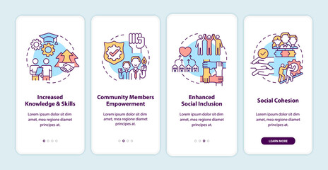 Community development benefits onboarding mobile app page screen with concepts. Increased skills walkthrough 4 steps graphic instructions. UI, UX, GUI vector template with linear color illustrations