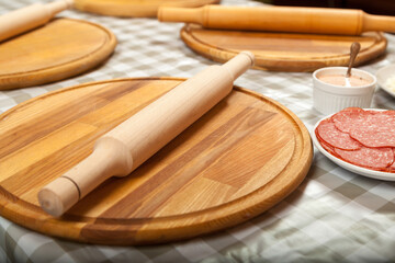 Preparation for a master class on cooking pizza. Cooking pizza in the pizzeria.