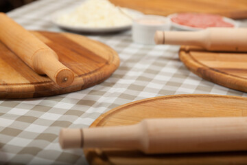 Preparation for a master class on cooking pizza. Cooking pizza in the pizzeria.