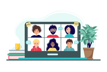 Online meeting via group call. Home office concept with laptop, books, cup and plant. Group of people doing video conference. Vector illustration in flat style. Stay at home. Self-isolation