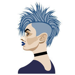 Vector isolated illustration of young woman with blue mohawk with dark-blue lips wearing black choker. - obrazy, fototapety, plakaty
