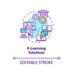 E-learning solutions concept icon. Community development project abstract idea thin line illustration. Internet technologies into education. Vector isolated outline color drawing. Editable stroke