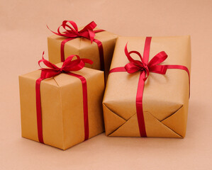 Gift boxs or present wrapped in craft paper.