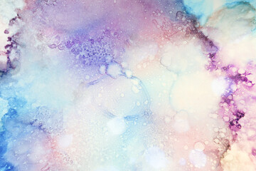 Blue Creative Graphic Artwork Waves Flow. Bright Textured Classic Art Background Illustration. Pink Liquid Gouache Painting