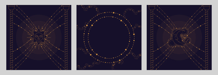 Magic banner for astrology, tarot cards, boho design. Universe with the sun surrounded by stars on a dark blue background. Esoteric vector illustration, pattern. EPS10