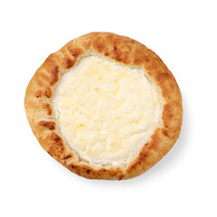 Round cheesecake cake with cottage cheese isolated on a clean white background with soft shadows in flat lay style, top view in a square.